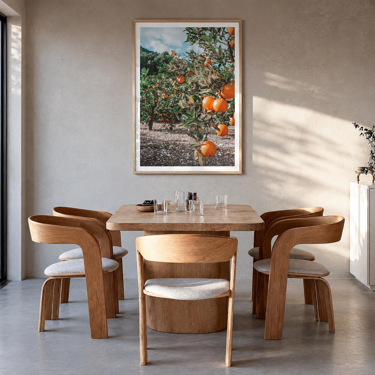 Orange Tree no. 1 colorful photo poster – vertical wall art in natural wood frame with white border, hanging on wall