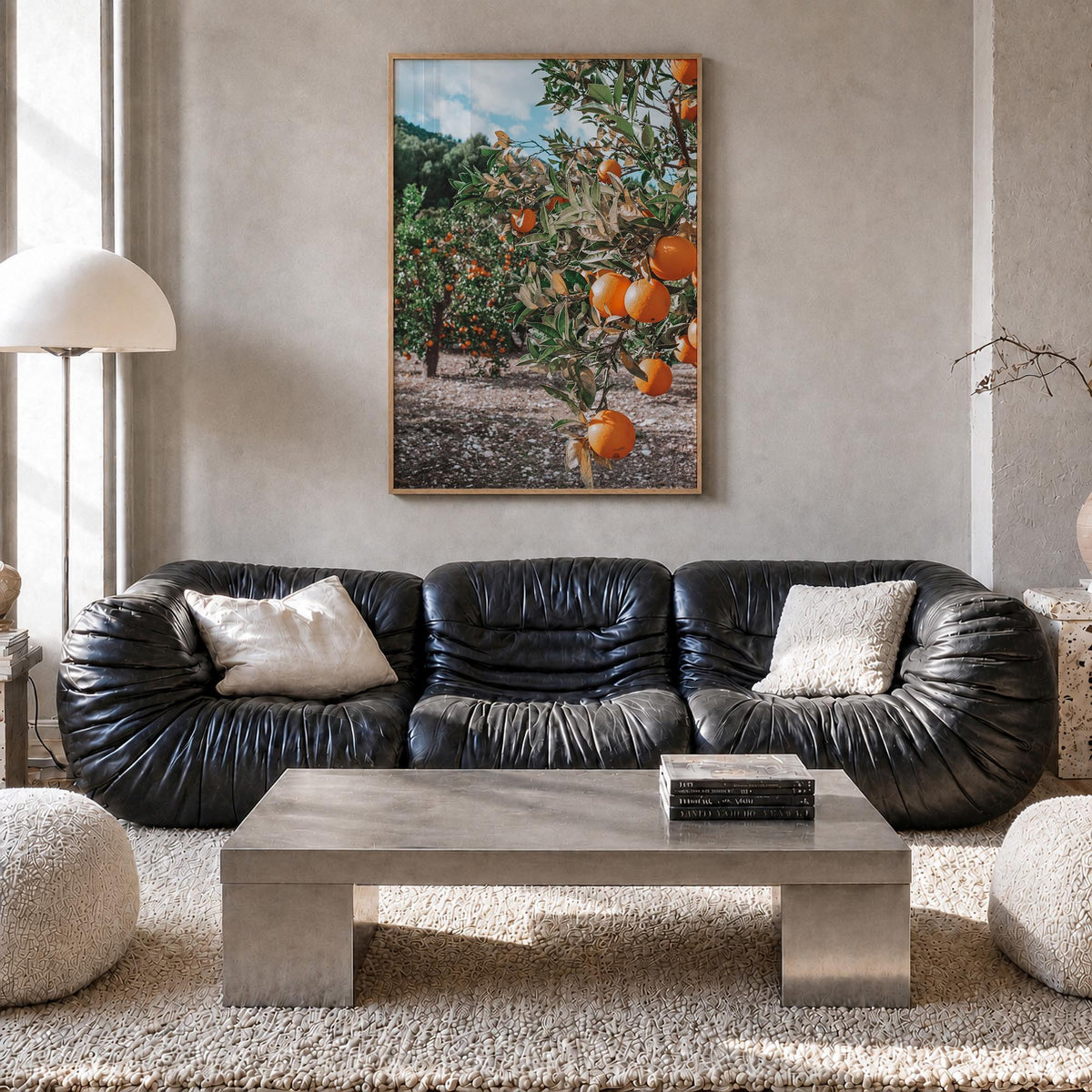 Orange Tree no. 1 colorful photo poster – vertical wall art in natural wood frame, hanging on wall