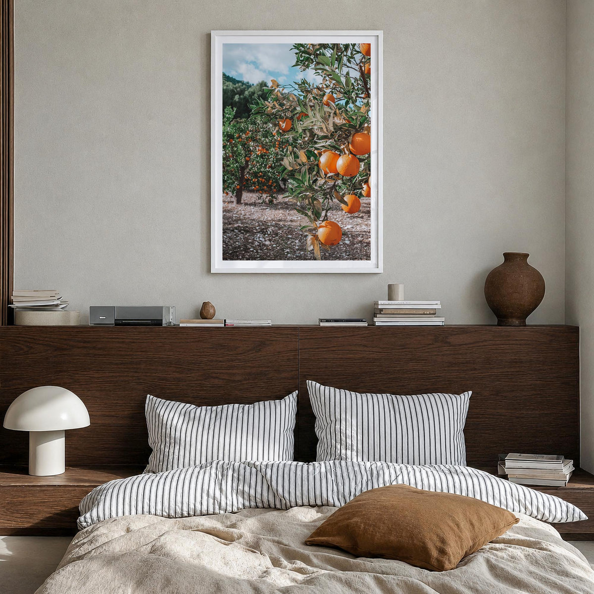 Orange Tree no. 1 colorful photo poster – vertical wall art in white wood frame with white border, hanging on wall