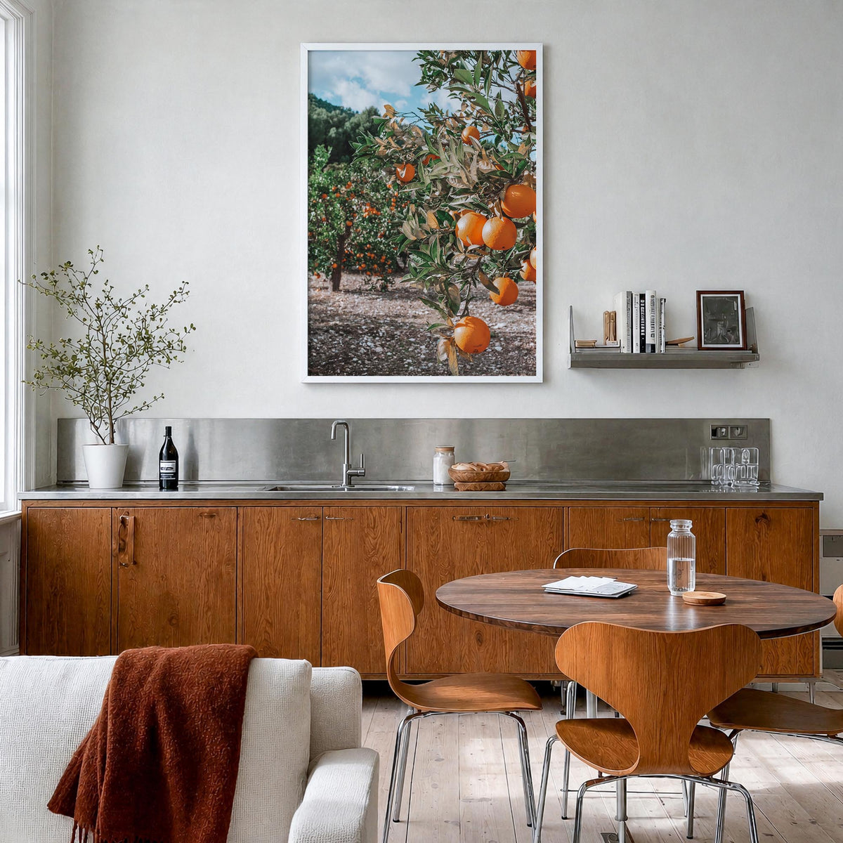 Orange Tree no. 1 colorful photo poster – vertical wall art in white wood frame, hanging on wall