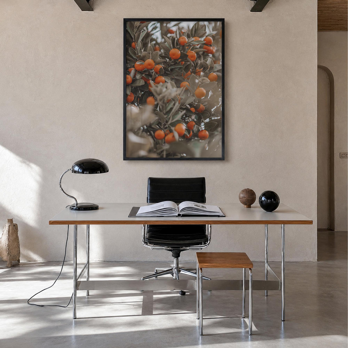 Orange Tree no. 2 colorful photo poster – vertical wall art in black wood frame, hanging on wall