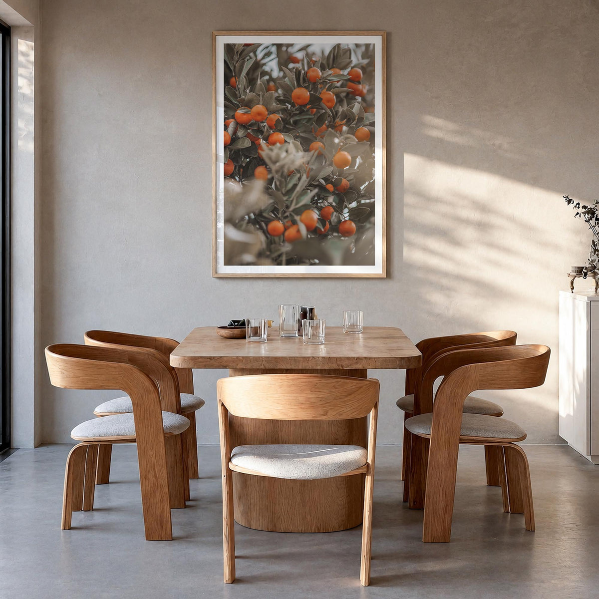 Orange Tree no. 2 colorful photo poster – vertical wall art in natural wood frame with white border, hanging on wall