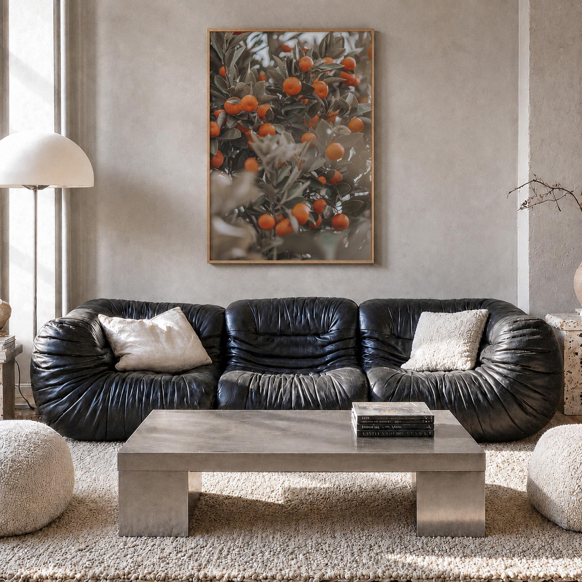 Orange Tree no. 2 colorful photo poster – vertical wall art in natural wood frame, hanging on wall
