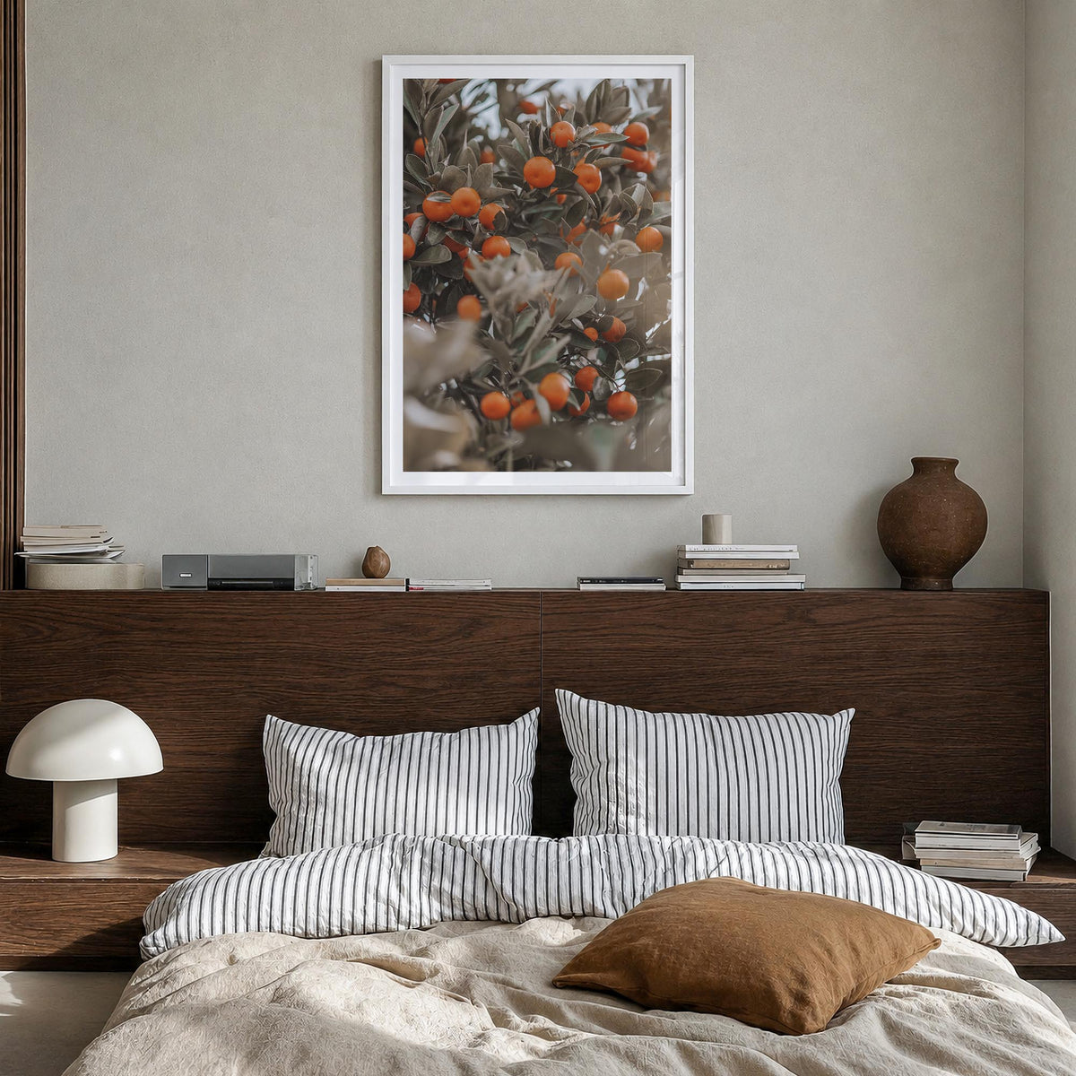 Orange Tree no. 2 colorful photo poster – vertical wall art in white wood frame with white border, hanging on wall