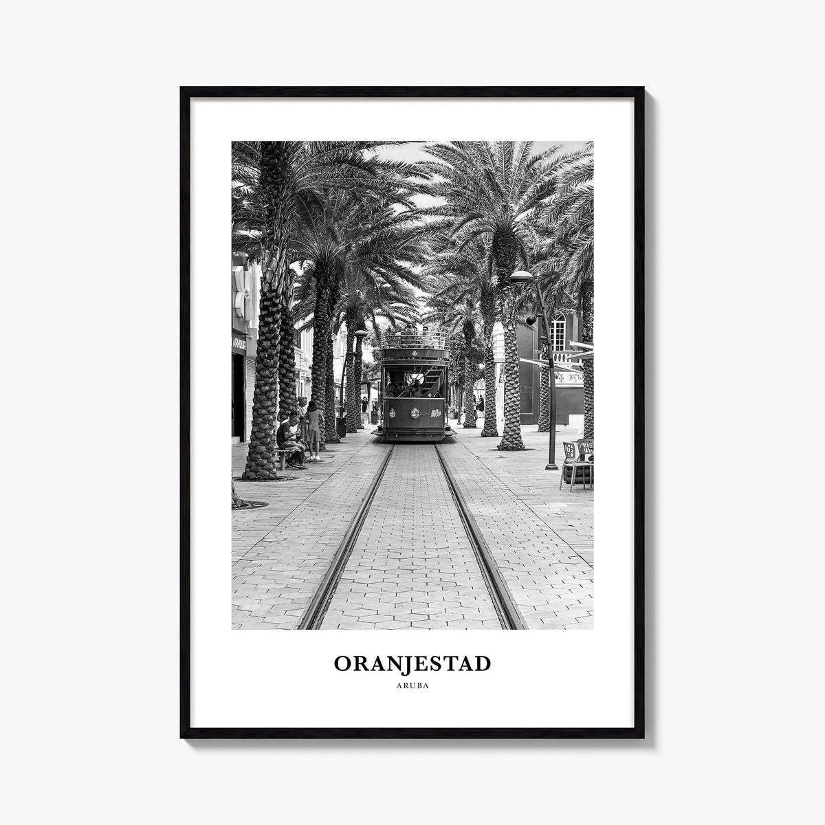Oranjestad black & white classic poster of Aruba – vertical wall art, unframed print shown in interior mockup