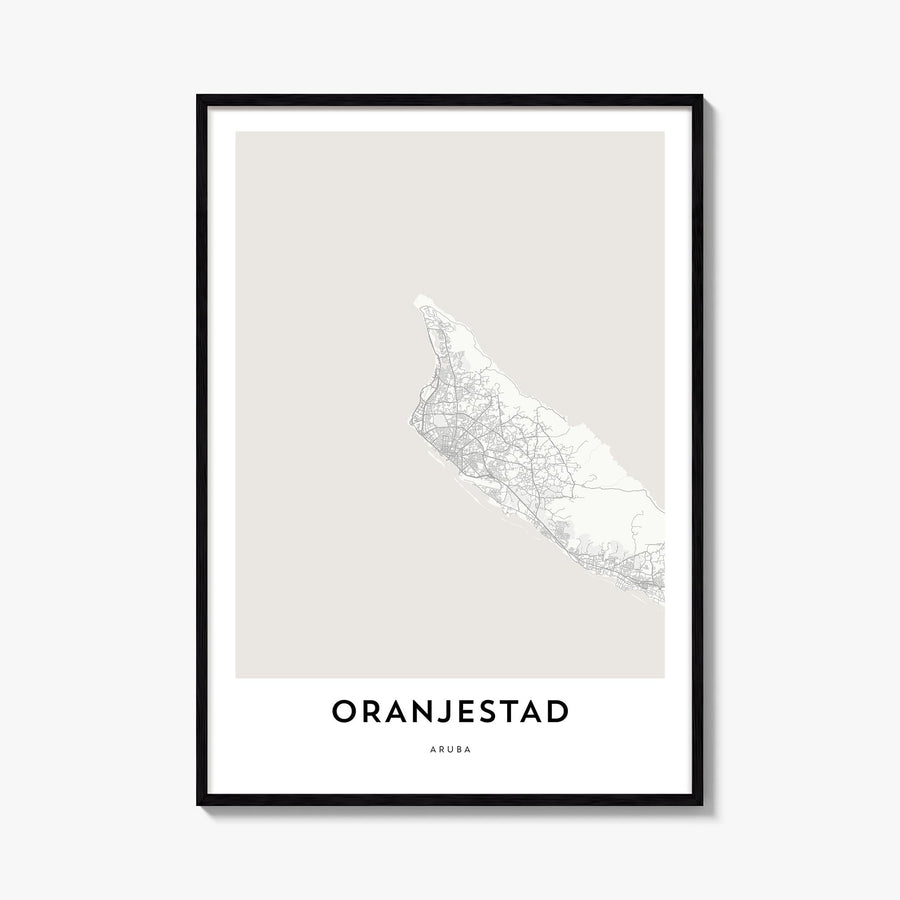 Oranjestad black & white map poster of Aruba – vertical wall art, unframed print shown in interior mockup