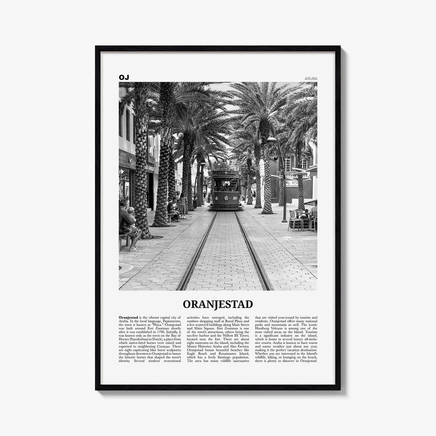 Oranjestad black & white newspaper poster of Aruba – vertical wall art, unframed print shown in interior mockup