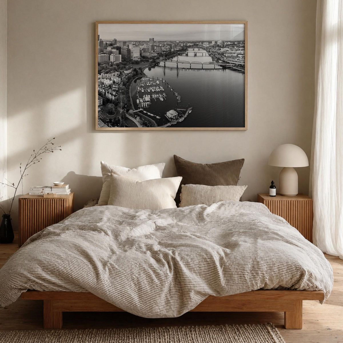 Oregon black & white photo poster of United States – horizontal wall art in natural wood frame, hanging on wall