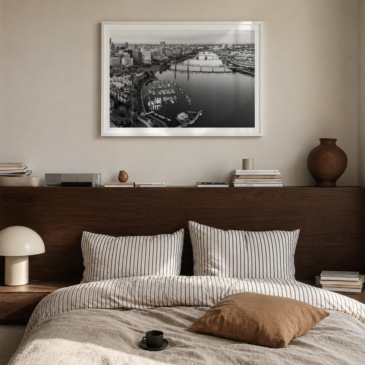 Oregon black & white photo poster of United States – horizontal wall art in white wood frame with white border, hanging on wa