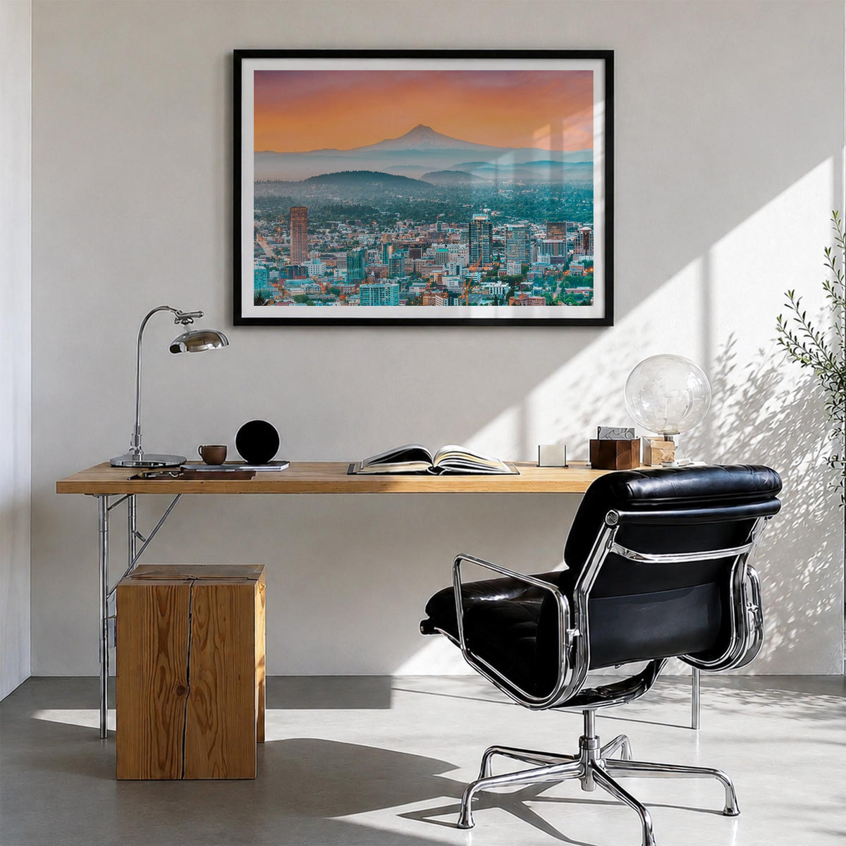 Oregon colorful photo poster of United States – horizontal wall art in black wood frame with white border, hanging on wall