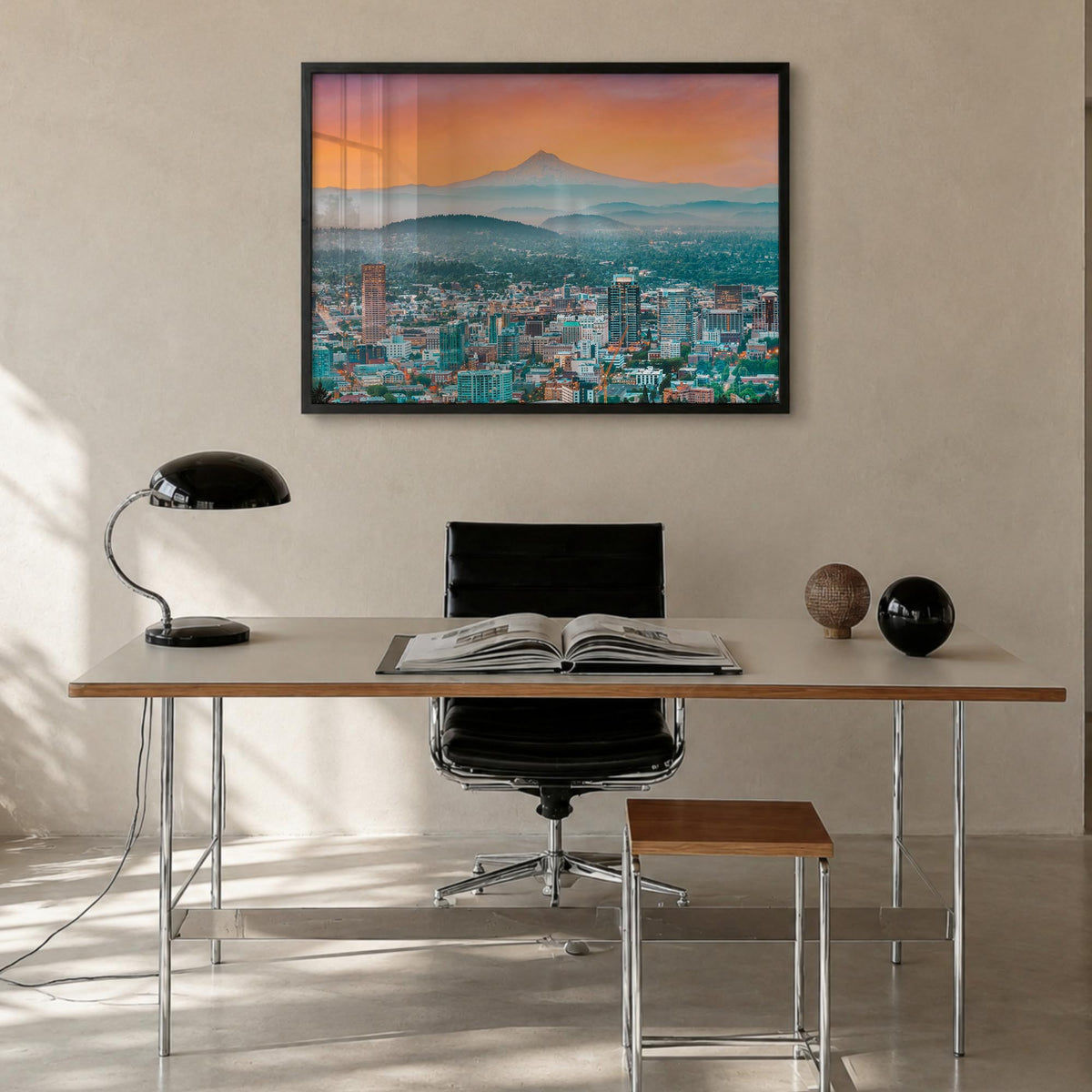 Oregon colorful photo poster of United States – horizontal wall art in black wood frame, hanging on wall