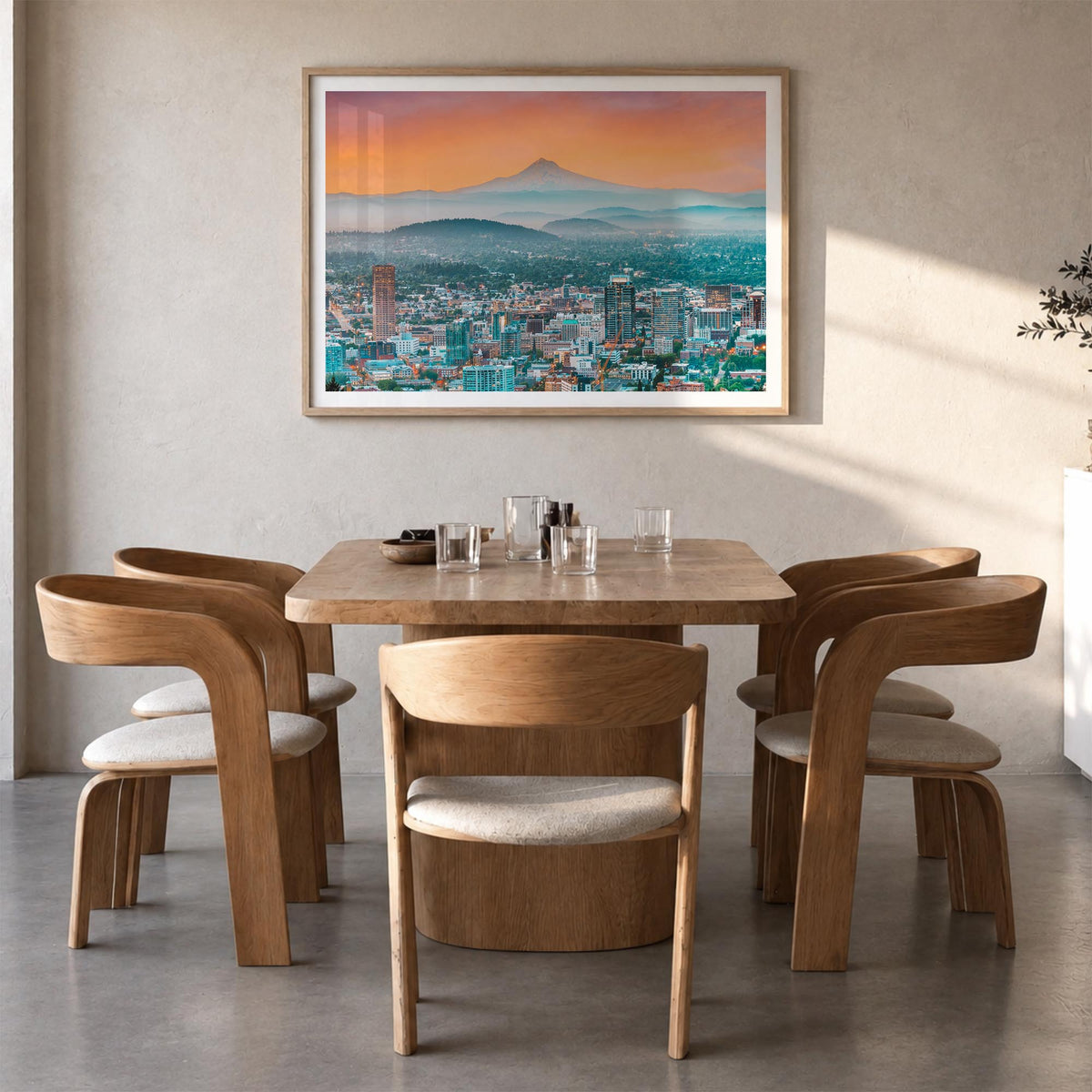 Oregon colorful photo poster of United States – horizontal wall art in natural wood frame with white border, hanging on wall