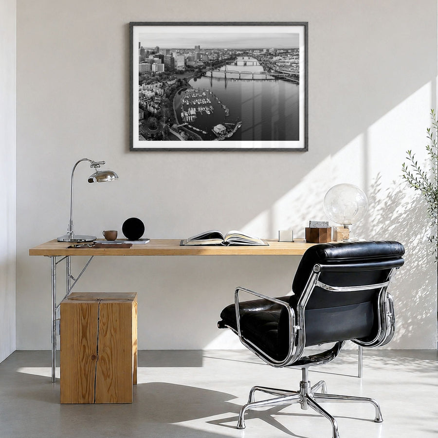 Oregon Photo Poster in a black wood frame, hanging in a bright home office, white border