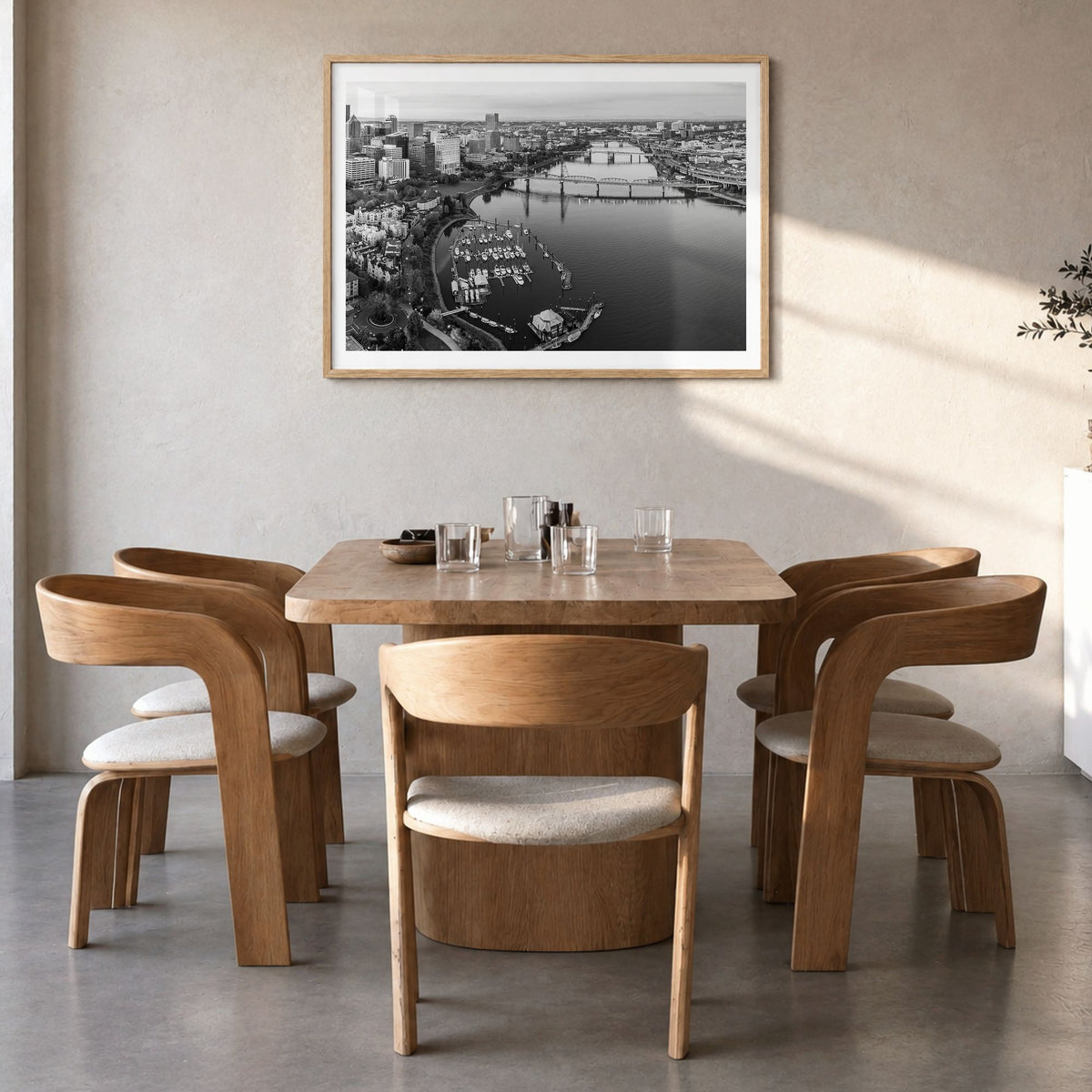 Oregon Photo Poster in a natural wood frame, hanging in a dining room, white border