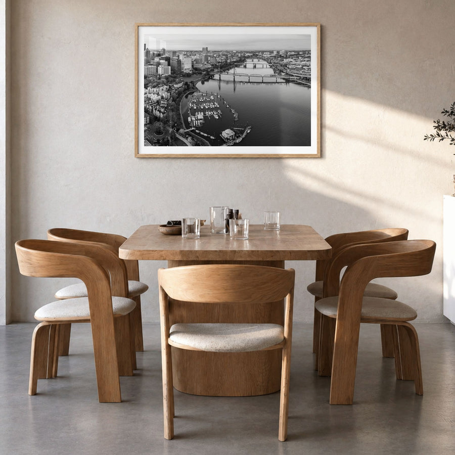 Oregon Photo Poster in a natural wood frame, hanging in a dining room, white border