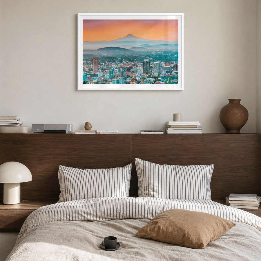 Oregon Photo Poster in a white wood frame, hanging in a bedroom, white border