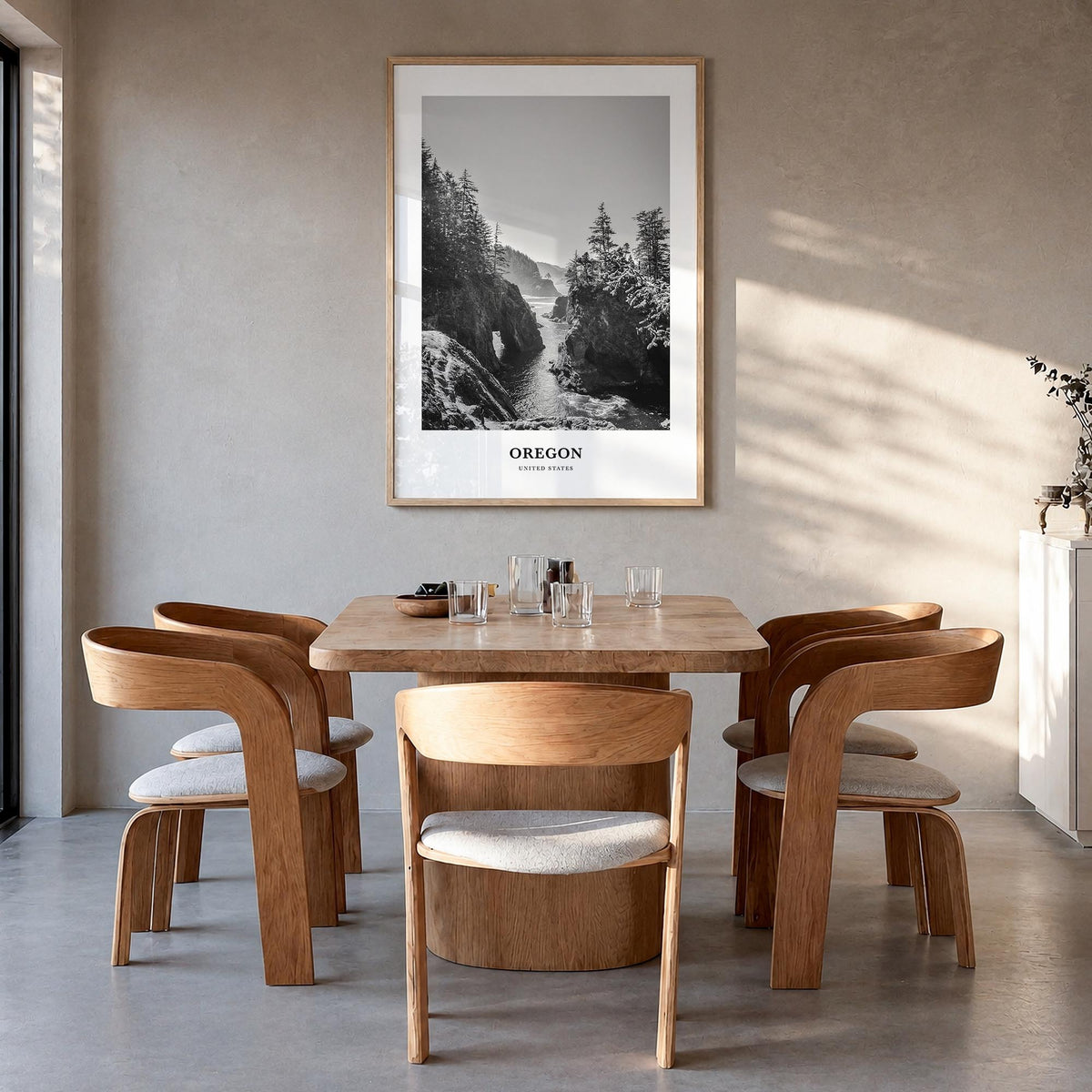 Oregon no. 1 black & white classic poster of United States – vertical wall art in natural wood frame, hanging on wall