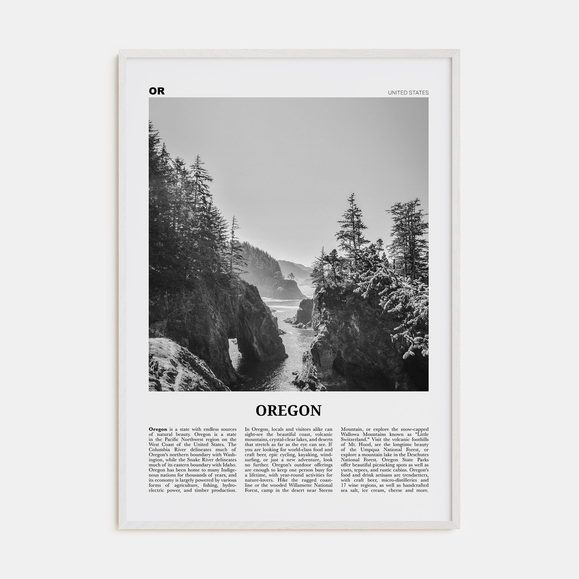 Oregon No 1 Poster White Wood / 8x12 in Nbourhood Travel B&W Poster