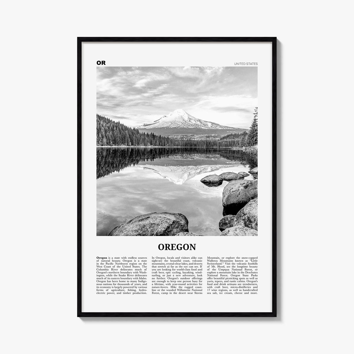 Oregon no. 2 black & white newspaper poster of United States – vertical wall art, unframed print shown in interior mockup