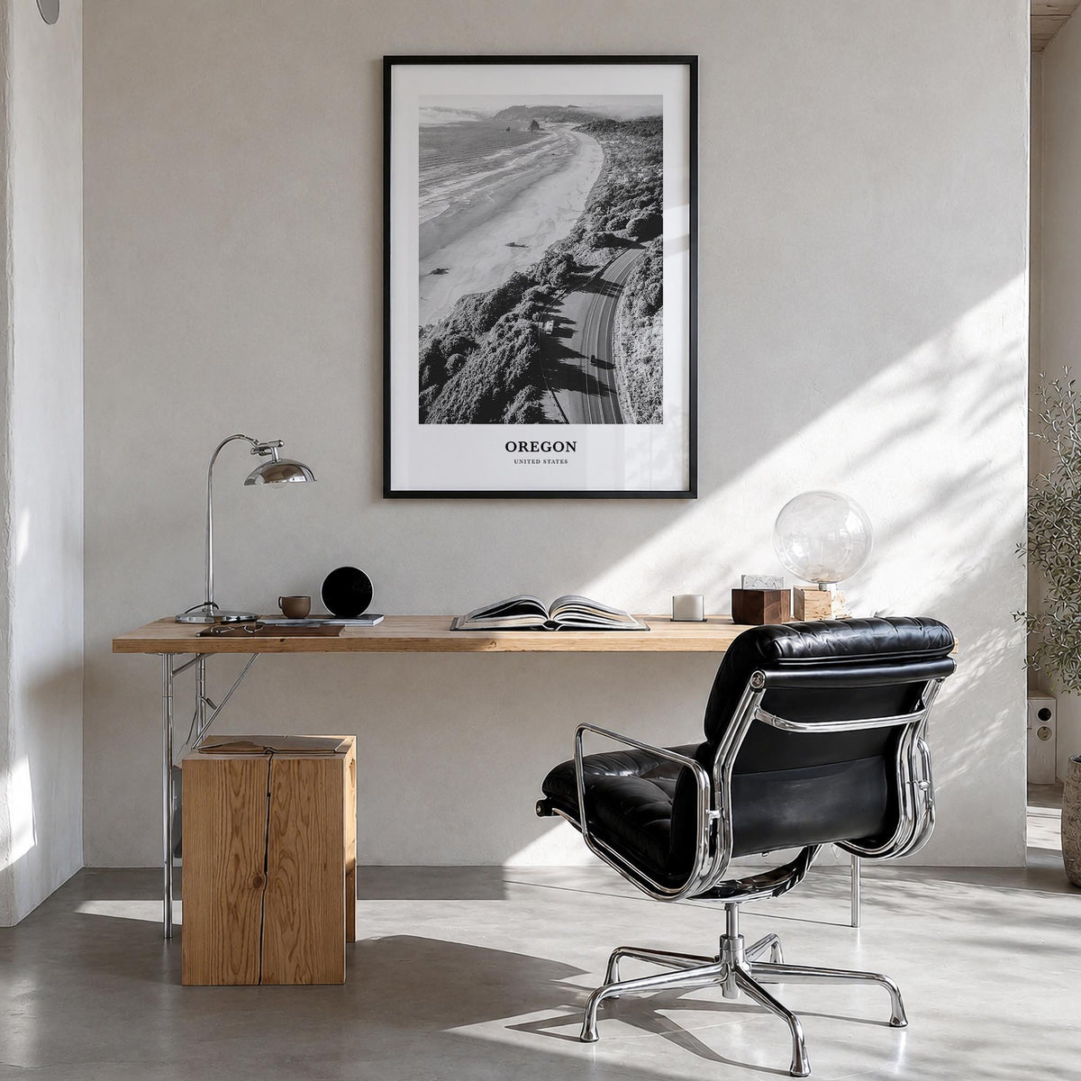 Oregon no. 3 black & white classic poster of United States – vertical wall art in black wood frame, hanging on wall
