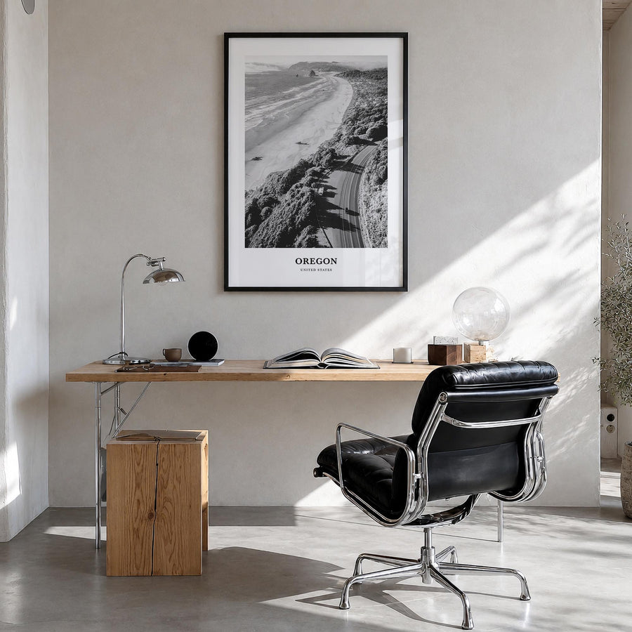 Oregon no. 3 black & white classic poster of United States – vertical wall art in black wood frame, hanging on wall