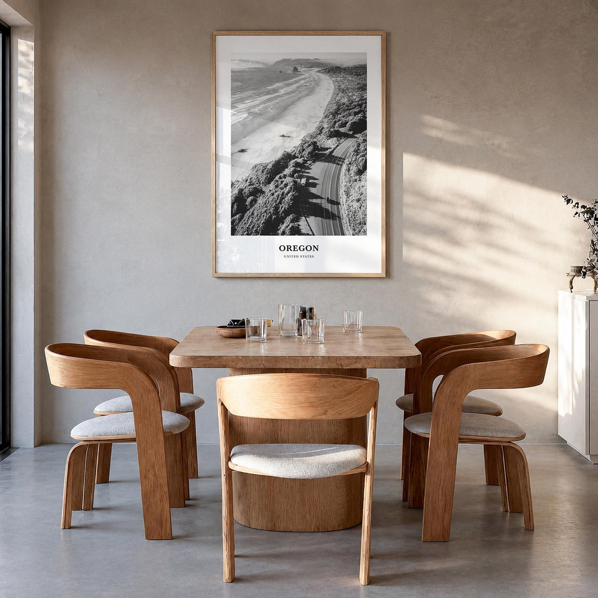 Oregon no. 3 black & white classic poster of United States – vertical wall art in natural wood frame, hanging on wall