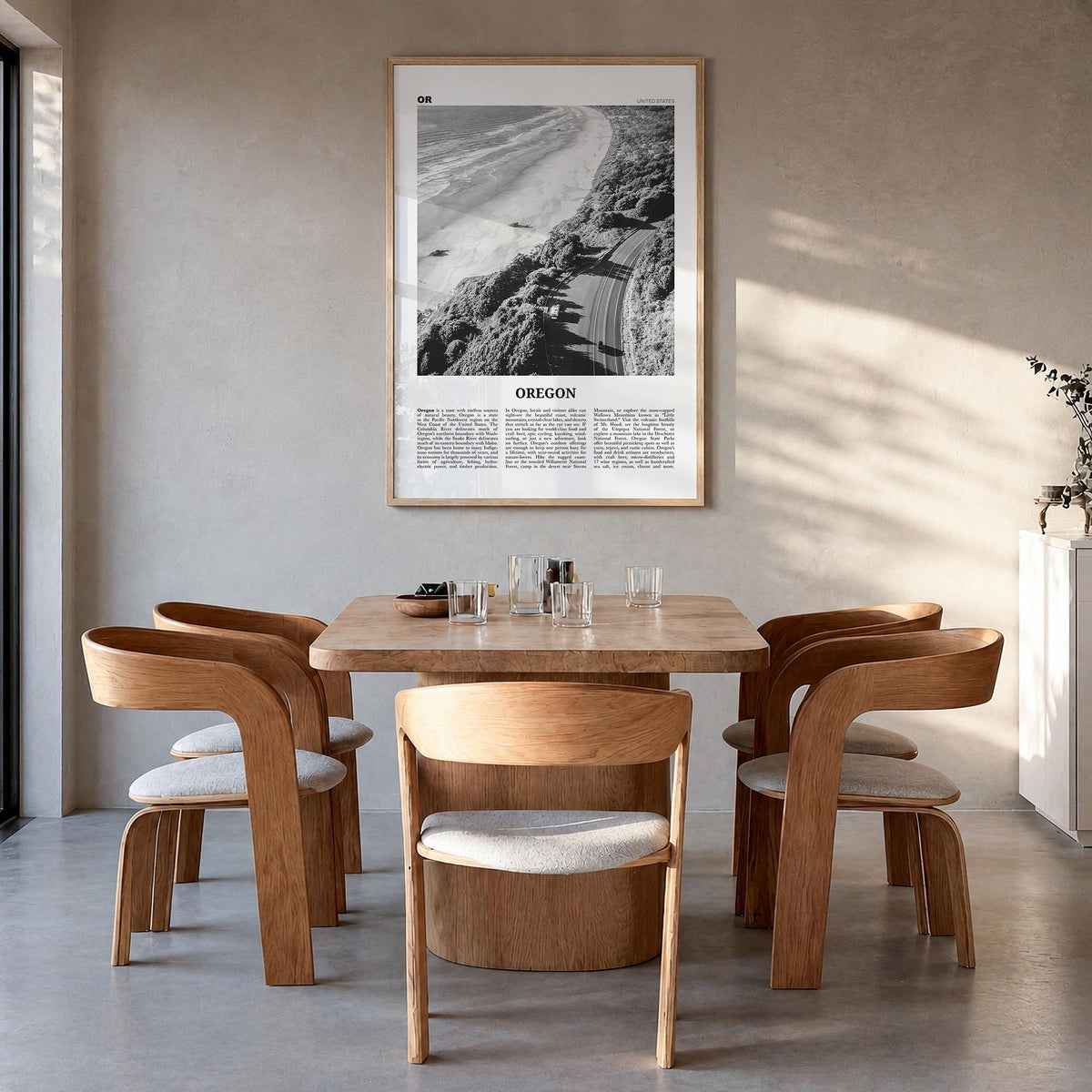 Oregon no. 3 black & white newspaper poster of United States – vertical wall art in natural wood frame, hanging on wall