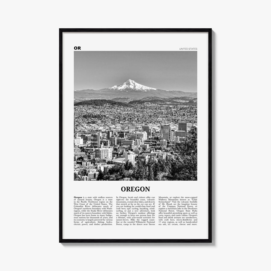 Oregon no. 4 black & white newspaper poster of United States – vertical wall art, unframed print shown in interior mockup