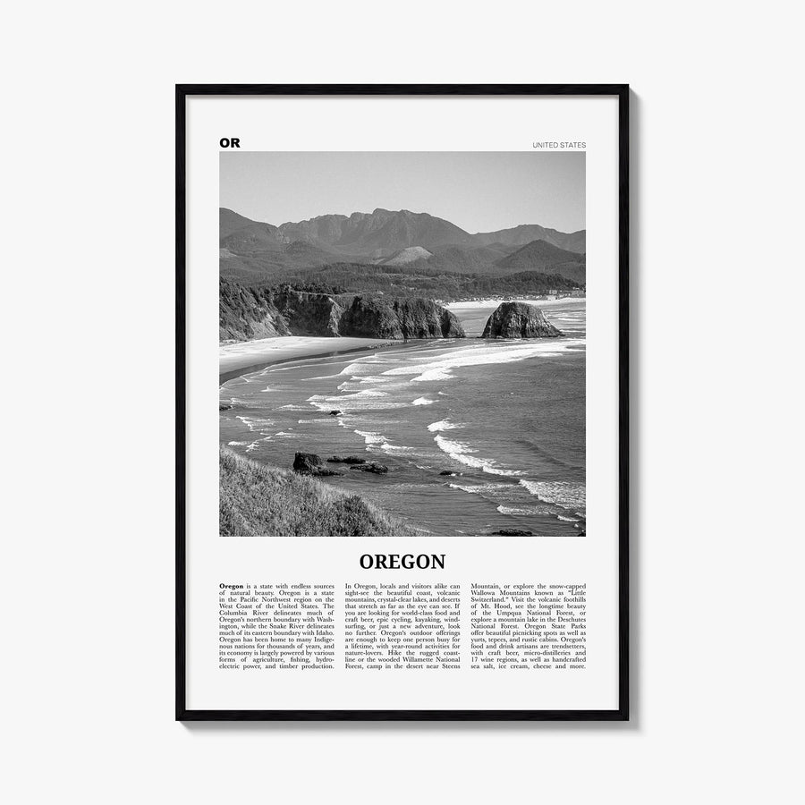 Oregon no. 5 black & white newspaper poster of United States – vertical wall art, unframed print shown in interior mockup
