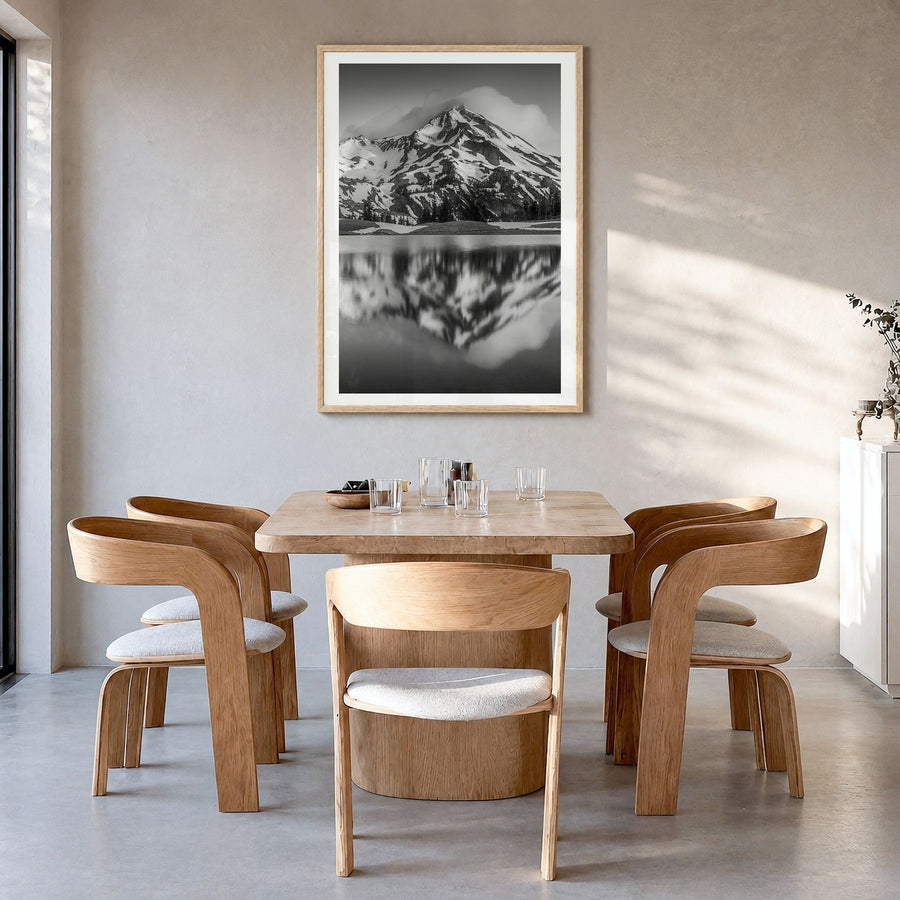 Oregon Photo No 2 Poster in a natural wood frame, hanging in a dining room, white border