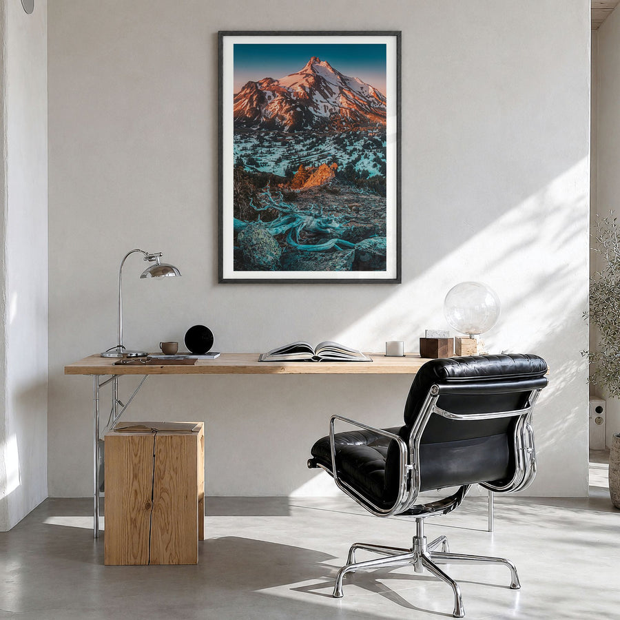 Oregon Photo No 1 Poster in a black wood frame, hanging in a bright home office, white border