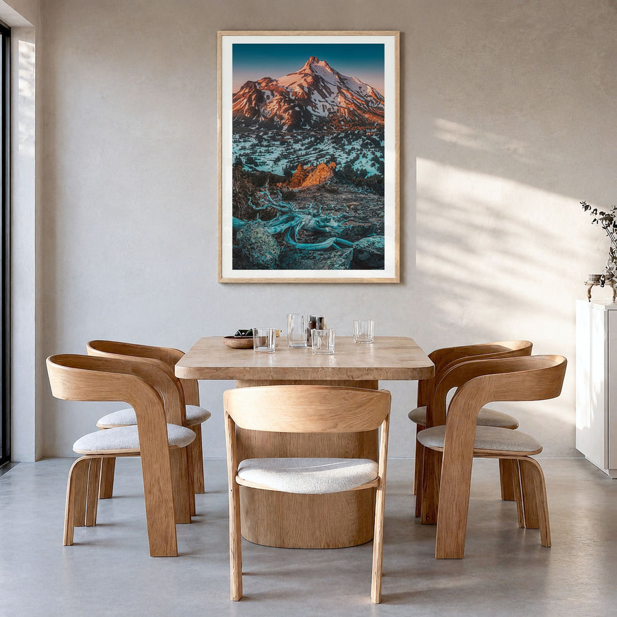 Oregon Photo No 1 Poster in a natural wood frame, hanging in a dining room, white border