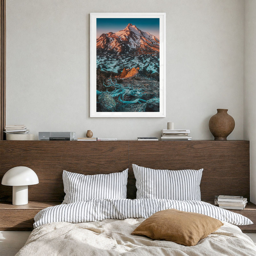 Oregon Photo No 1 Poster in a white wood frame, hanging in a bedroom, white border