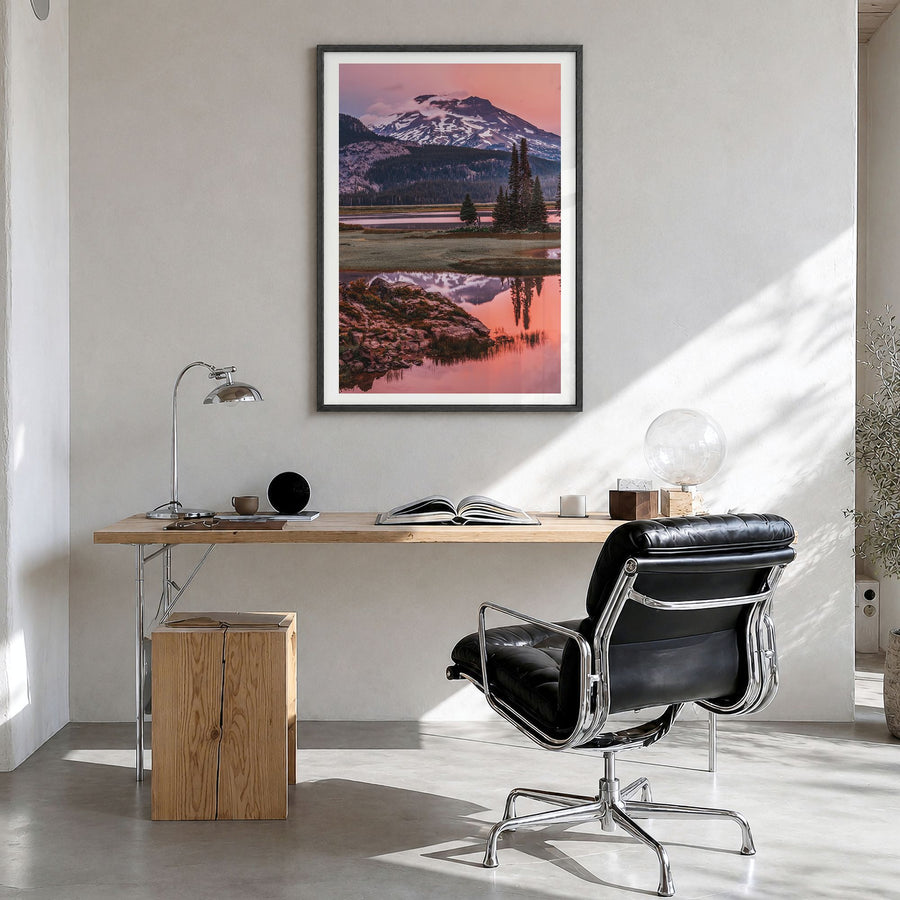 Oregon Photo No 2 Poster in a black wood frame, hanging in a bright home office, white border
