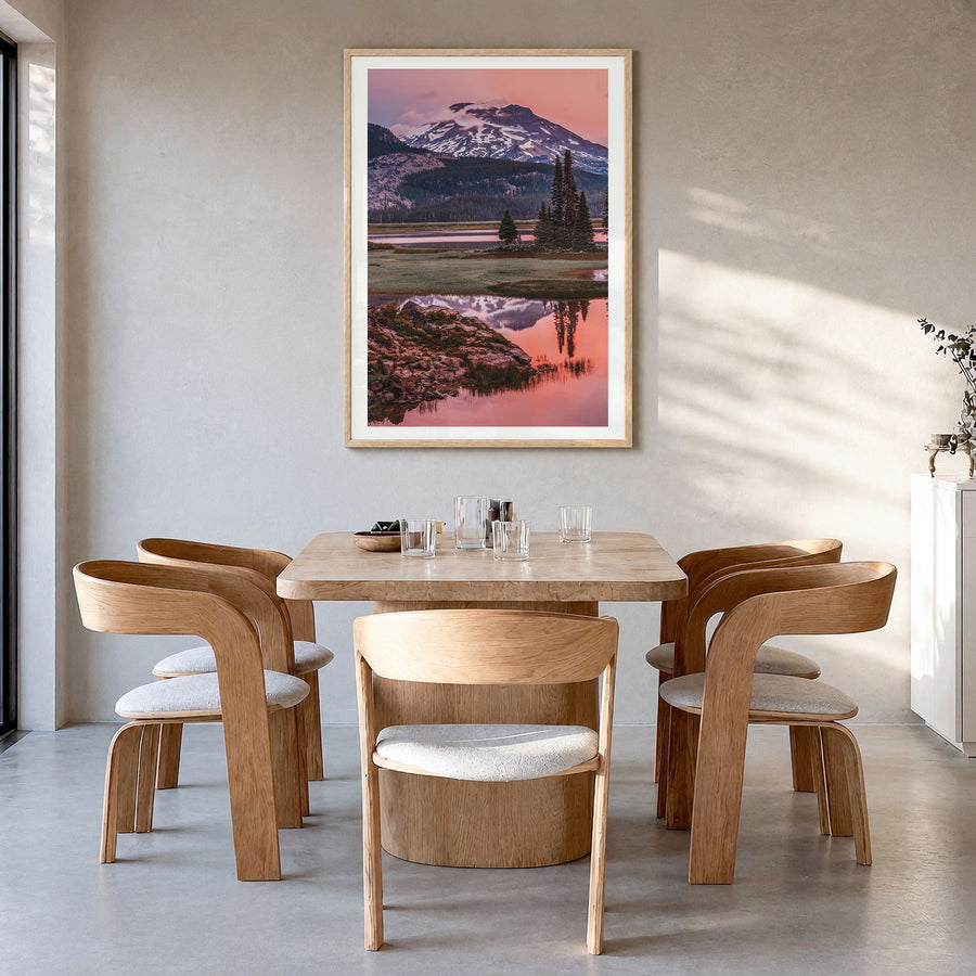 Oregon Photo No 2 Poster in a natural wood frame, hanging in a dining room, white border
