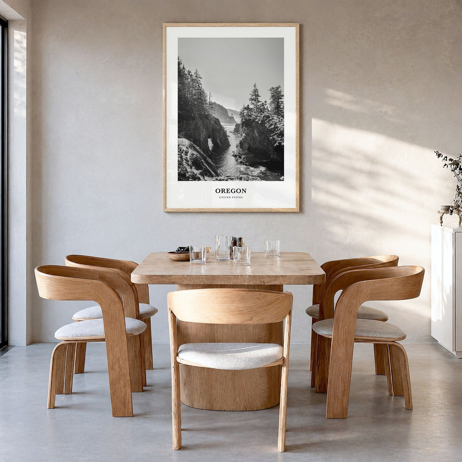 Oregon Classic No 1 Poster in a natural wood frame, hanging in a dining room
