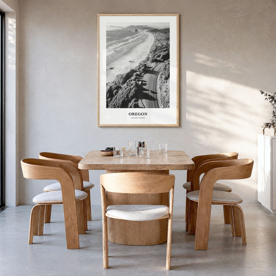 Oregon Classic No 3 Poster in a natural wood frame, hanging in a dining room
