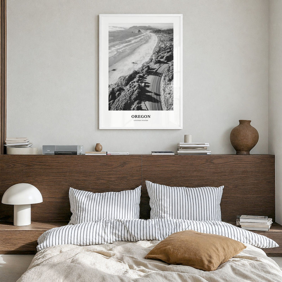 Oregon Classic No 3 Poster in a white wood frame, hanging in a bedroom