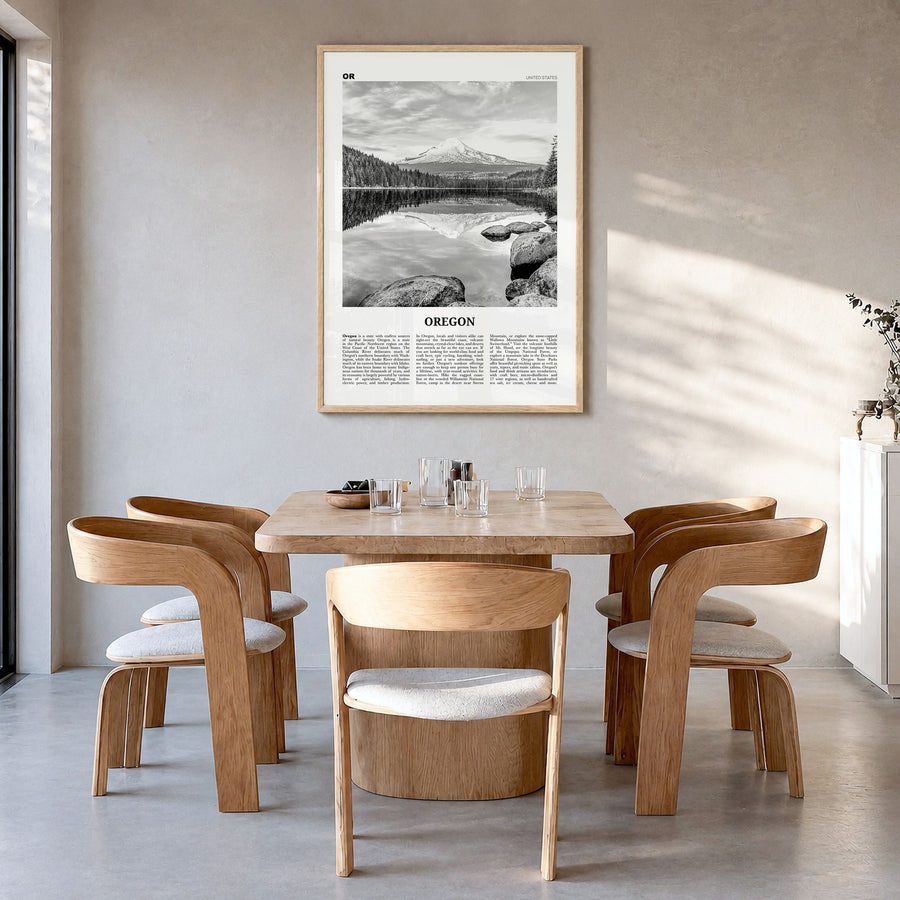 Oregon Newspaper No 2 Poster in a natural wood frame, hanging in a dining room