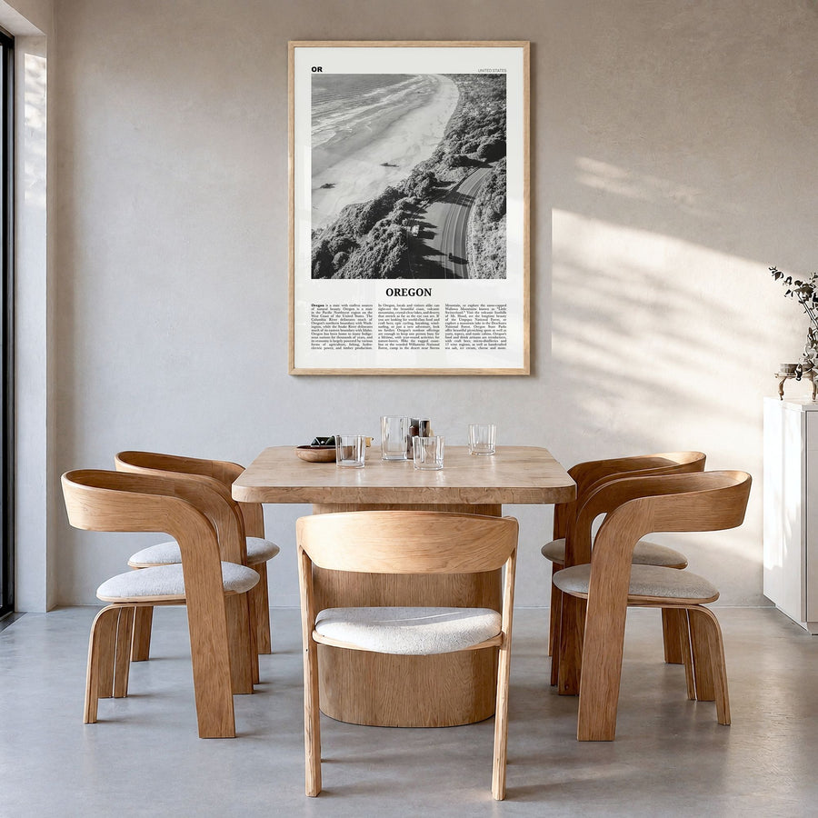 Oregon Newspaper No 3 Poster in a natural wood frame, hanging in a dining room