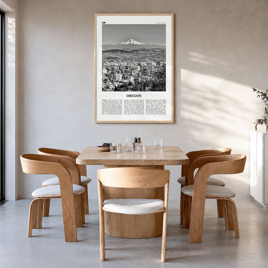 Oregon Newspaper No 4 Poster in a natural wood frame, hanging in a dining room