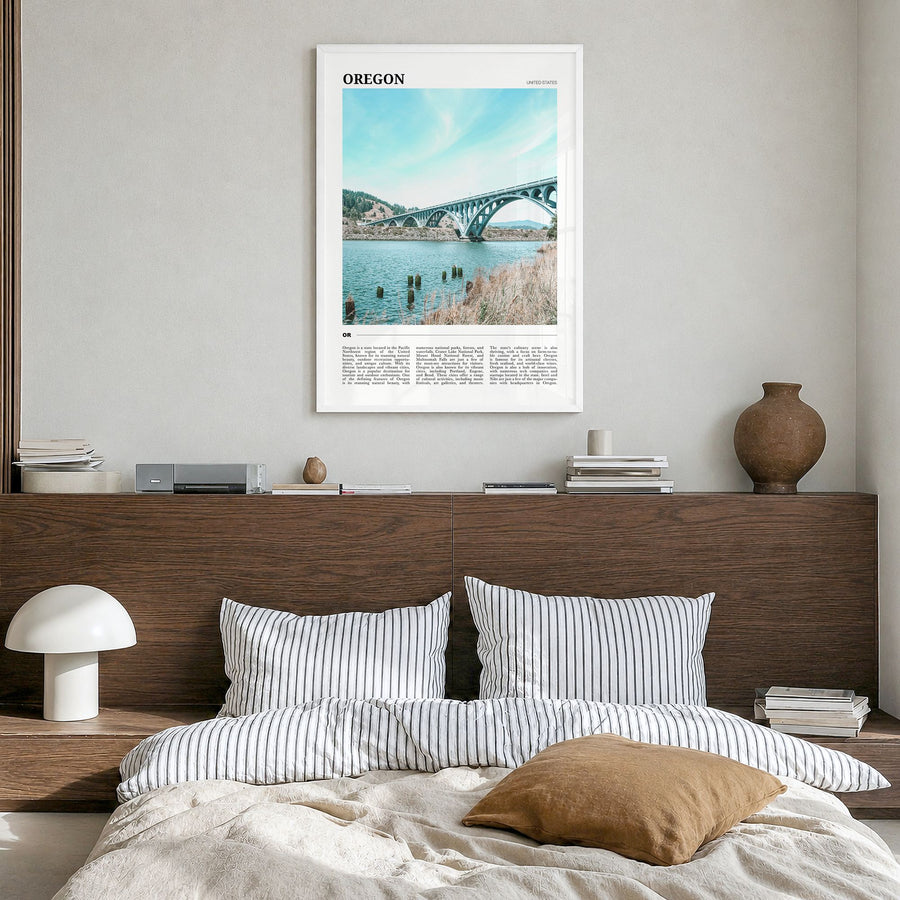 Oregon Travel No 1 Poster in a white wood frame, hanging in a bedroom