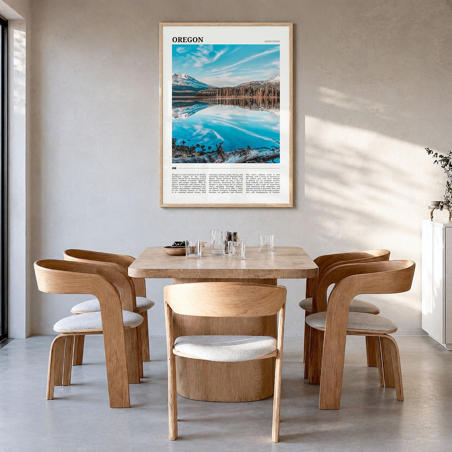 Oregon Travel No 2 Poster in a natural wood frame, hanging in a dining room