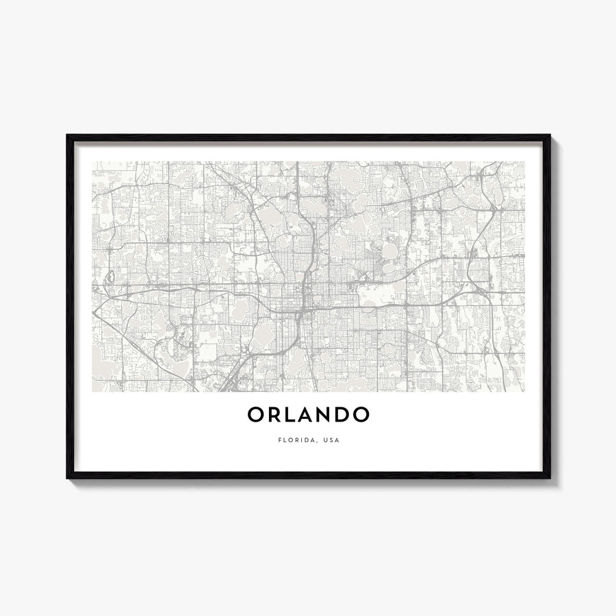 Orlando black & white map poster of Florida, USA – horizontal wall art, unframed print shown in interior mockup