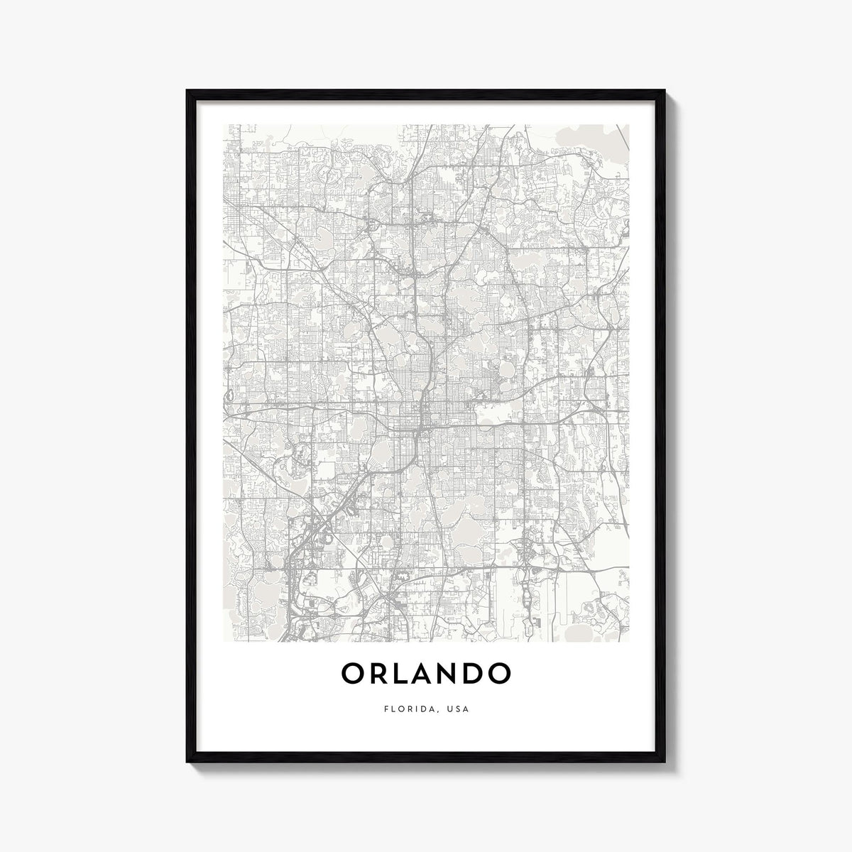Orlando black & white map poster of Florida, USA – vertical wall art, unframed print shown in interior mockup