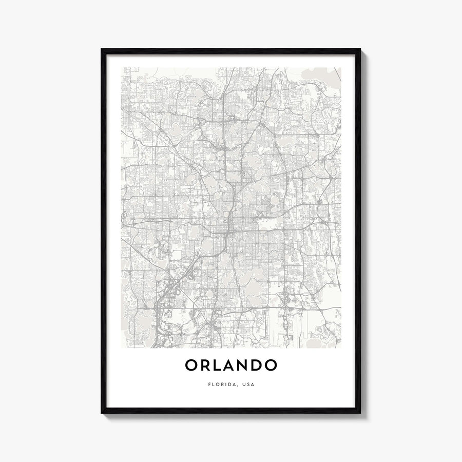 Orlando black & white map poster of Florida, USA – vertical wall art, unframed print shown in interior mockup