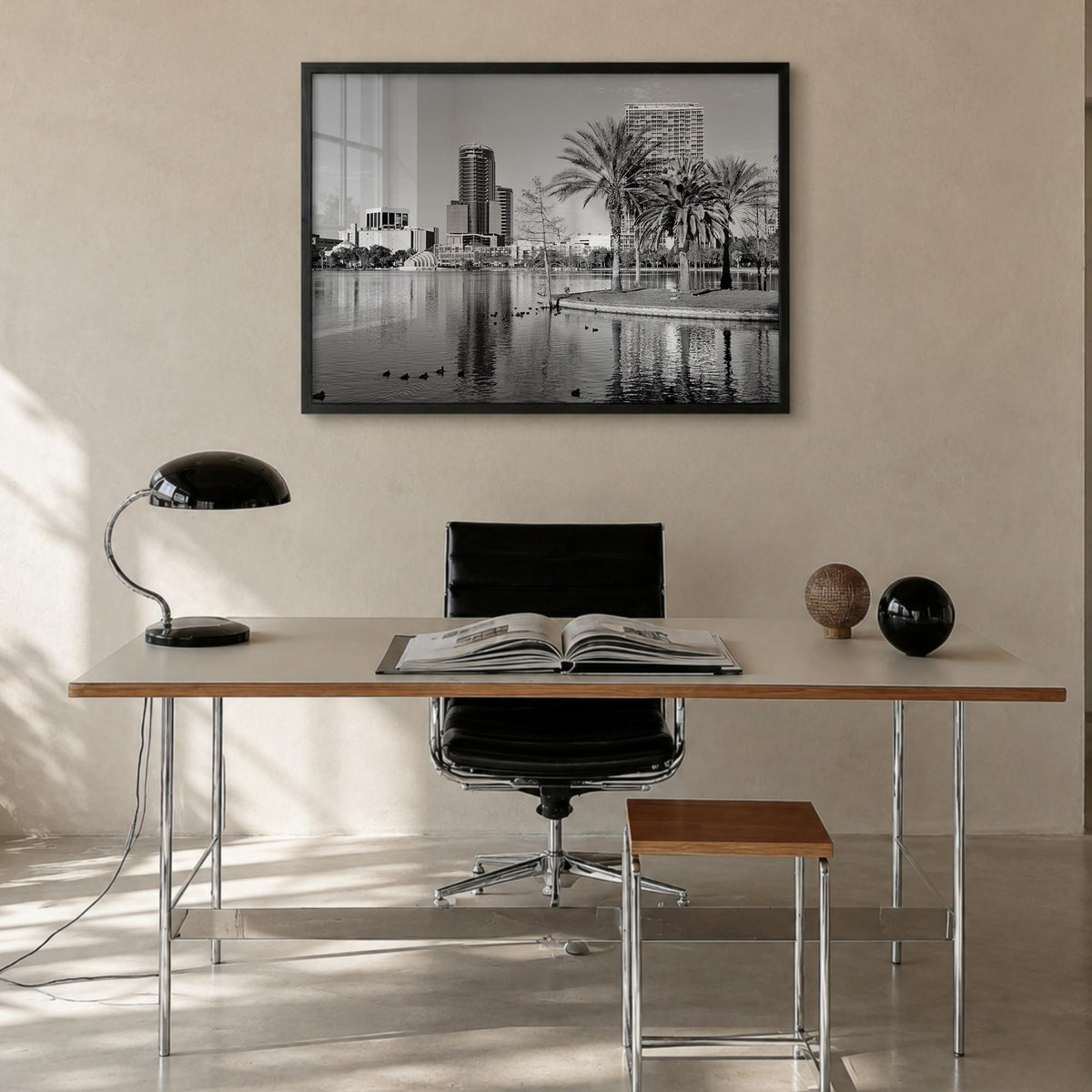 Orlando black & white photo poster of Florida, USA – horizontal wall art in black wood frame, hanging on wall