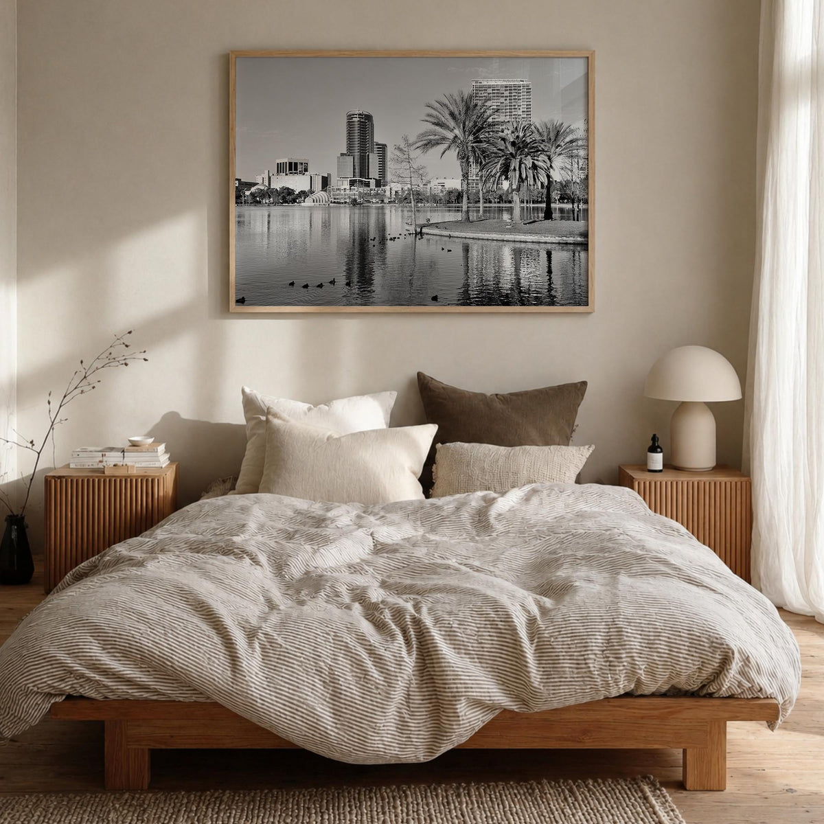 Orlando black & white photo poster of Florida, USA – horizontal wall art in natural wood frame, hanging on wall