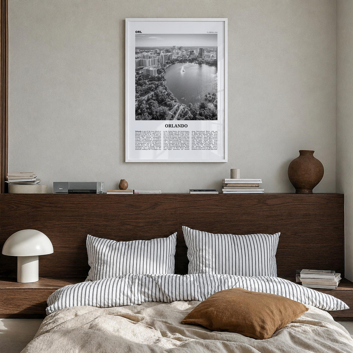 Orlando no. 1 black & white newspaper poster of Florida, USA – vertical wall art in white wood frame, hanging on wall