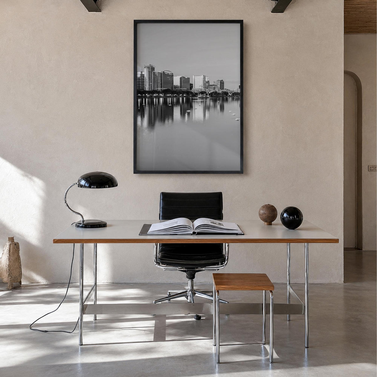 Orlando no. 1 black & white photo poster of Florida, USA – vertical wall art in black wood frame, hanging on wall